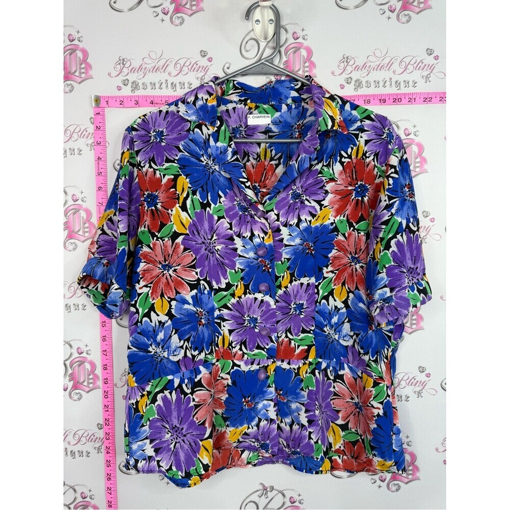 Vintage top Colorful Floral Button-Up Blouse - Vibrant Blue, Purple Red Flowers